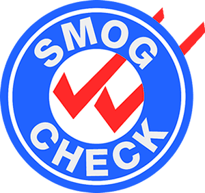 A blue and white smog check sign with red marks.