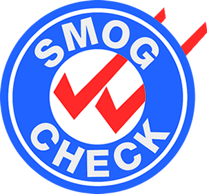 A blue and white smog check sign with red marks.